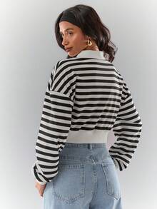 Glamine Chaqueta casual con cremallera de manga larga, cuello de béisbol elástico de punto en blanco y negro, adecuada para uso diario