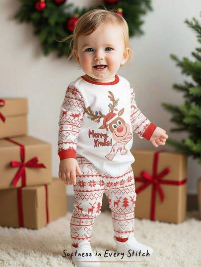 Cozy Pixies 男婴圣诞驯鹿雪花图案针织柔软圆领长袖上衣和松紧腰长裤两件套睡衣