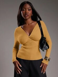 NYA SZN 长袖深V领扭结修身日常休闲商务休闲罗纹针织衫，适合教堂、办公室、教师返校季、秋冬季通勤穿着。 - 黃色 - 查看 1
