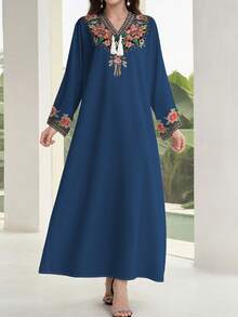 SHEIN Najma 女士花卉仿刺绣数码印花V领流苏设计优雅阿拉伯风长连衣裙，春秋季长袖 - 彩色 - 查看 3