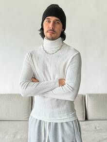 Manfinity Homme 男士白色高领保暖修身T恤，采用纹理弹力面料，更贴合身形，适合所有人穿着，经典必备单品。冬季男士长袖上衣 - 白色 - 查看 3