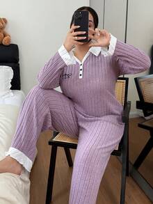 Dream Adore Plus Size Simple Contrast Color Collar Embroidered Knit Pajama Set - Mauve Purple - View 4