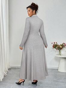 EMERY ROSE 大码柔软针织面料翻领拉链装饰长袖收腰连衣裙，休闲百搭，适合外出、聚会、约会和居家穿着。 - 淺灰色 - 查看 2
