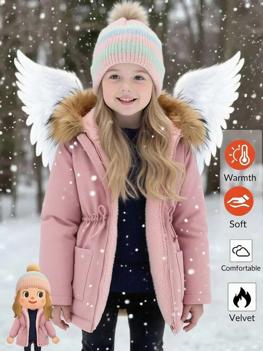 SHEIN Emery Rose Kids 女童休闲保暖连帽拉链抽绳外套，秋冬季 - 淺粉色 - 查看 1