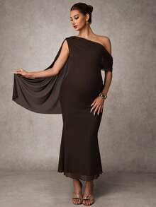MaterniChic 优雅纯色单肩孕妇派对连衣裙