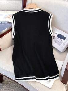 Manfinity Joysei Contrast Striped Trim V-Neck Cable Knit Casual Sweater Vest For Men, Fall Winter - Black - View 2