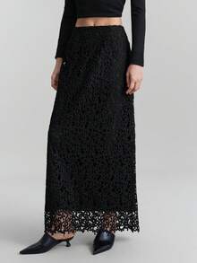 Ontre Women's Black,Autumn,Classy,Elegant,Dining Floral Lace Maxi Skirt,Textured Fabric A-Line Design,Casual Urban Chic Business Attire Office Wear,Wedding - Black - View 1