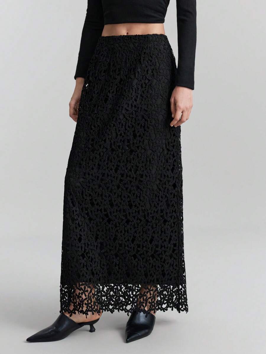 Ontre Women's Black,Autumn,Classy,Elegant,Dining Floral Lace Maxi Skirt,Textured Fabric A-Line Design,Casual Urban Chic Business Attire Office Wear,Wedding - Black - View 1