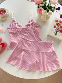 Comfortcana 女士波点印花蝴蝶结装饰吊带背心和迷你裙两件套 - 粉色 - 查看 2