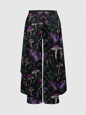 Goth Plus Size Women Dark Floral Garden Vintage Asymmetrical Hem Pants