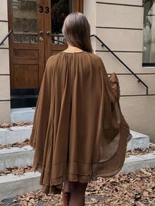 Siren Gaze 女士优雅通勤纯色荷叶边迷你连衣裙 - 棕色 - 查看 4