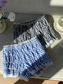 Comfortcana 2025新款极简主义秋季时尚女式休闲蕾丝边格纹短裤，夏季格子休闲女式沙滩短裤，夏季女式褶皱短裤，蕾丝边短裤 - 彩色 - 查看 6