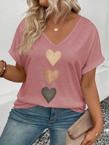 EMERY ROSE Áo thun nữ cổ chữ V tay bo gấu, họa tiết trái tim ombre, thường ngày đa năng, mùa xuân/hè - Hồng - Xem 5