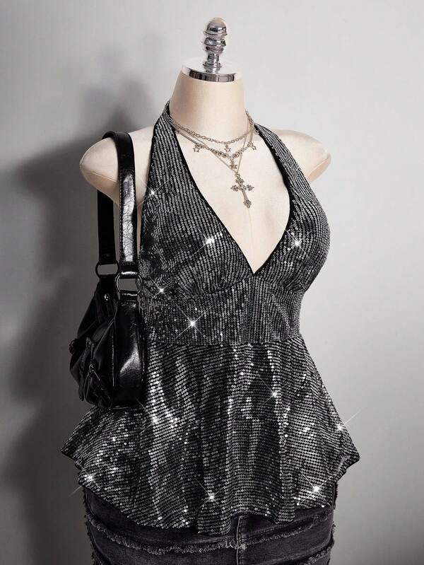 SHEIN ICON Plus Size Women's Retro Elegant Sexy Fashion Avant-Garde Individual Urban Modern Party/Prom Stage Costume Black Silver Sequin V-Neck Halter Neck Fitted Waist Loose Hem Top