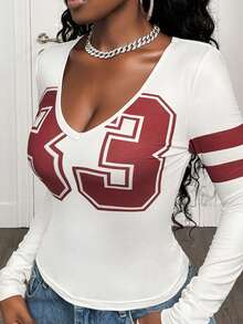 BamGleam Trendig randig t-shirt med numeriskt tryck för kvinnor, höst - Aprikos - Visa 6