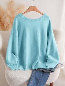 CosyJoli 大码休闲V领蝴蝶结系带宽松套头毛衣 春季/春假/春季 - 薄荷藍 - 查看 2