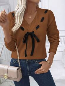 EMERY ROSE Áo len trễ vai buộc dây thường ngày cho nữ, Thu/Đông - Đỏ - Xem 3