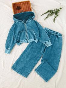 SHEIN Playful Pals Bộ áo khoác denim ngắn có mũ trùm đầu màu đen rộng rãi cho bé gái và quần denim dệt kim thẳng thoải mái, mềm mại và thoải mái khi mặc hàng ngày, tối giản và thời trang - Màu xanh hải quân - Xem 3