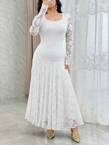 Modelyn Elegant Square Neck Lace Cinched Waist Mermaid Hem Cocktail Dress - White - View 5