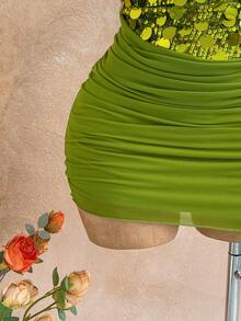 Soleia Women's Sequin Embellished Slim Fit V-Neck Mini Dress - Green - View 4