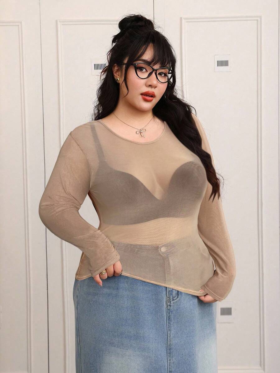 CovetEZ 加大码杏色薄纱基础款女式上衣 - 杏色 - 查看 1