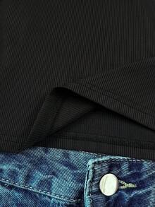 Camiseta casual de manga larga con busto fruncido y ribete de encaje, de punto azul para adolescentes - Negro - Ver 5