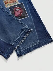 ROMWE MEN Street Life Men's Straight Leg Figure Print Distressed Wide Leg Jeans - Blue - View 5