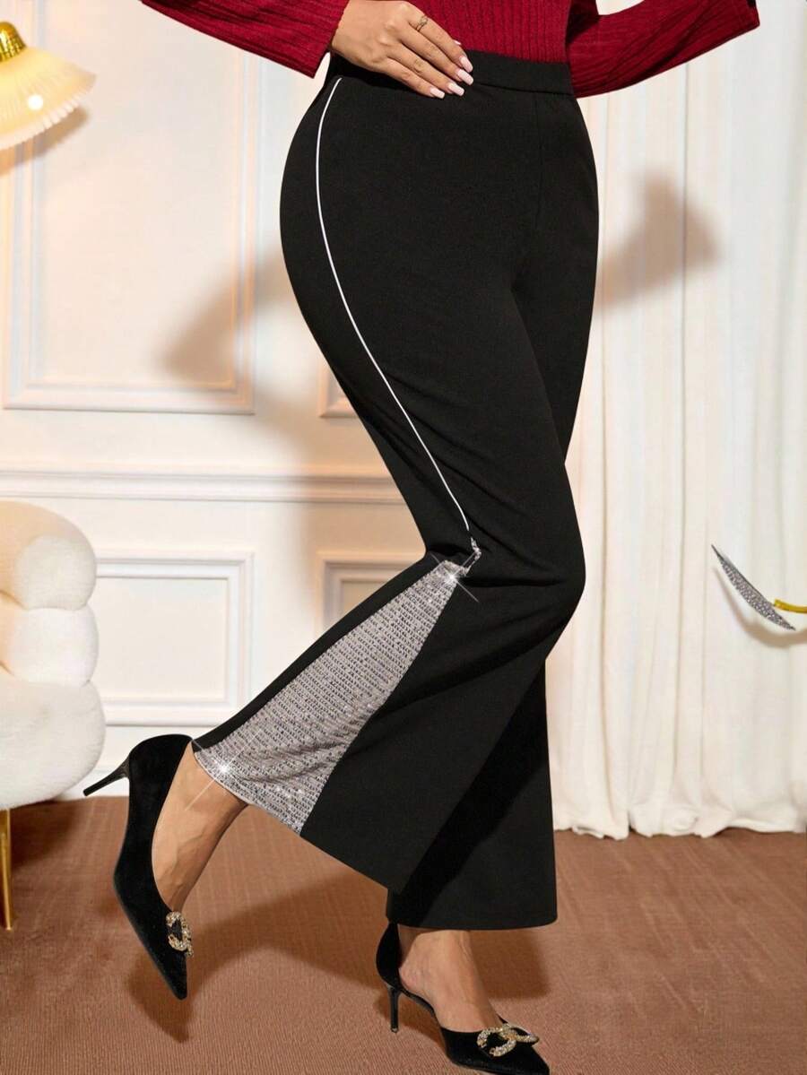 EMERY ROSE Plus Size Sequin Decor Casual Pants Christmas New Year Elegant Women's Pants Stylish Women's Pants Stylish Collection Sequin Sequin Black Pants New Year Christmas For Women Winter For Women Flared Leggings For Women - Black - View 1