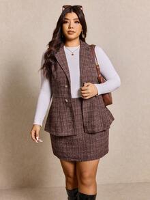 Elaquor Plus Size Women Plaid Tweed Two Piece Set,Double-Breasted Sleeveless Jacket & Mini Skirt,Burgundy,Summer,Elegant,Office,Back-To-School Blazer Vest Set - Coffee Brown - View 7