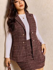 Elaquor Plus Size Women Plaid Tweed Two Piece Set,Double-Breasted Sleeveless Jacket & Mini Skirt,Burgundy,Summer,Elegant,Office,Back-To-School Blazer Vest Set - Coffee Brown - View 8