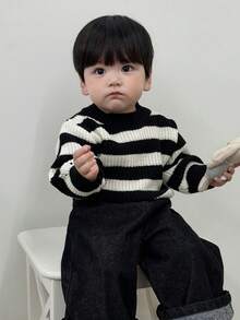 DAZY Áo len dệt kim cổ tròn kẻ sọc rộng rãi cho bé trai mới biết đi, mùa thu/đông - Đen và trắng - Xem 5