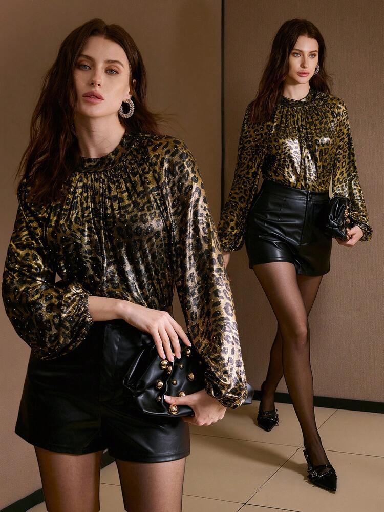 LEOPARD PRINT LANTERN SLEEVE LOOSE BLOUSE, AUTUMN/WINTER