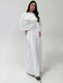 Firerie 女士纯色长袖褶皱不对称设计优雅连衣裙 - 白色 - 查看 8