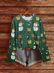 SHEIN LUNE Women's Casual Christmas Snowman Gift Pattern Oversized Drop Shoulder Long Sleeve T-Shirt - Green - View 1