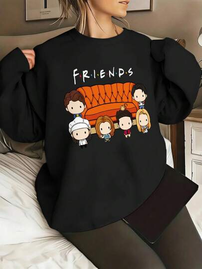 FRIENDS X SHEIN Plus Size Casual Cartoon Character & Letter Print Drop Shoulder Loose Sweatshirt, Spring & Autumn And Winter Fall