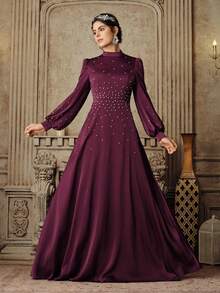 Anewsta Long Sleeve Rhinestone Embellished Dress, Elegant Mother's Day Gown For Middle Eastern Wedding Guests - Red Violet - View 4