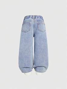 Jeans de pierna recta para niñas, pantalones vaqueros de mezclilla azul casuales para otoño/invierno, diseño lindo y dulce, adecuados para exteriores, hogar, escuela, vacaciones, con ajuste relajado, cintura elástica, estampados de mariposas y corazones