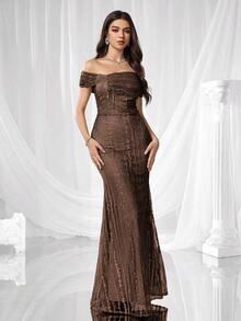 Coutiva 优雅刺绣露肩鱼尾裙摆正式晚礼服，适合婚礼宾客、毕业典礼、派对、圣诞节、秋冬季节、情人节等场合穿着。 - 棕色 - 查看 3