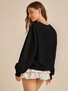 WESTFADE Fleece & Crochet Lace Crewneck Raglan Sleeve Boxy Fit Sweatshirt Back To School Fall Clothes - Black - View 2