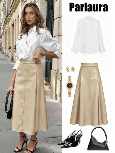 Pariaura Women's Apricot Leather Zipper And A-Line Halloween Costume Party Elegant Skirt For Party Wedding Guest Skirt For Women Going Out Winter For Women Elegant Party Autumn Winter Christmas Skirt Fall For Women Chic Classys For Women Casual Women's Brown Skirt Christmas Christmas For Women Halloween Women Skirt