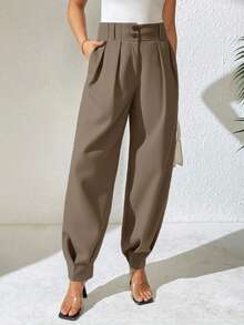 Xyvia 女士优雅高腰双纽扣装饰褶皱直筒裤，春秋季休闲西装裤