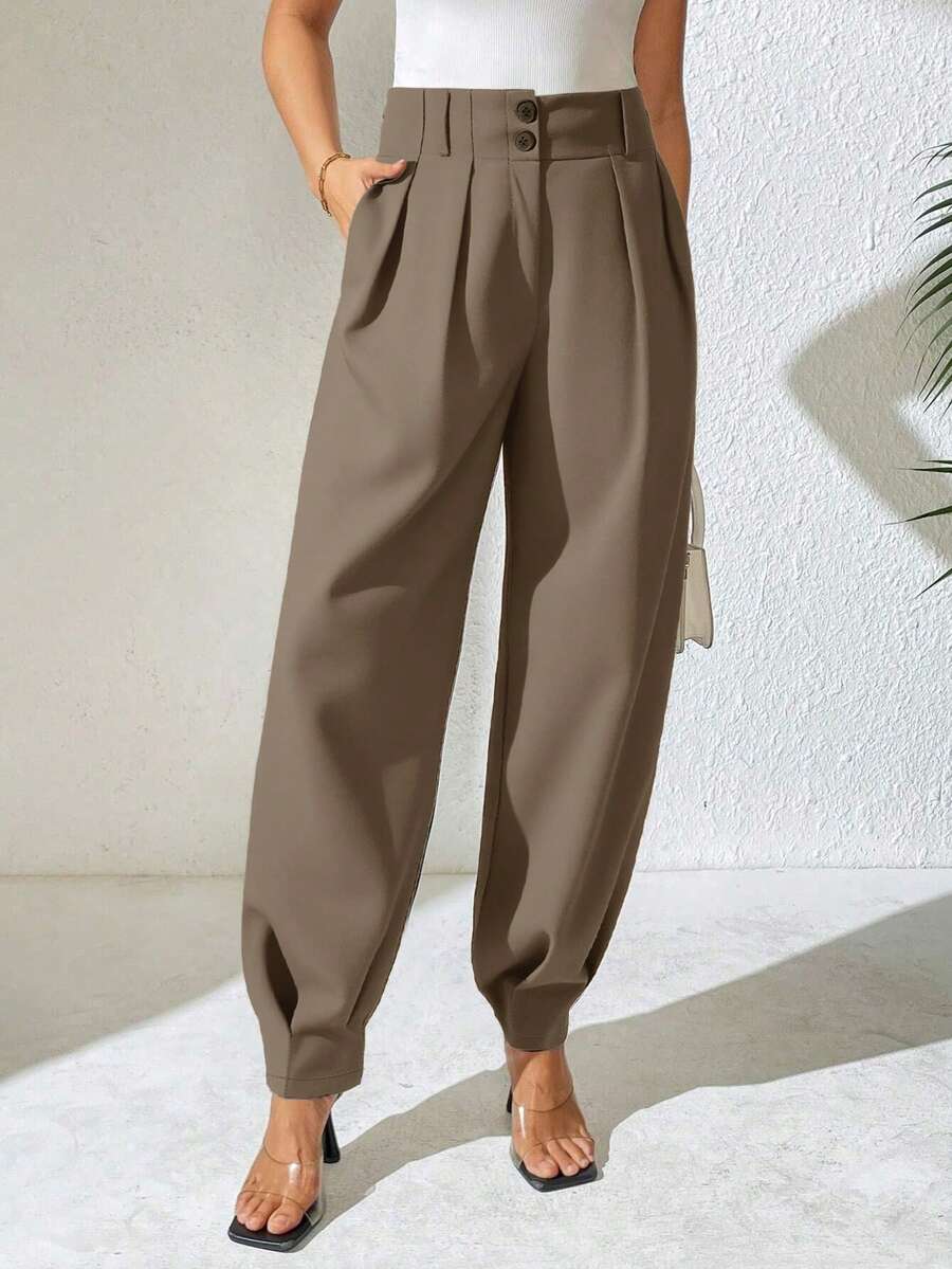 Xyvia 女士优雅高腰双纽扣装饰褶皱直筒裤，春秋季休闲西装裤