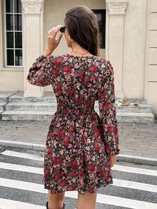 Serisse Women's Casual Vacation Floral Print V-Neck Lantern Sleeve Ruched Waist Short Dress, Spring/Autumn,Casual Dresses For Women, Floral Dress For Women ,Casual Dress For Women ,Beach Dress For Women ,New Year Clothes; Holiday Resort - Multicolor - View 2