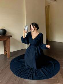 Vibekara Romantic V-Neck Backless Long Sleeve Dress, Flowy Elegant Greek Style White Goddess Gown - Navy Blue - View 6