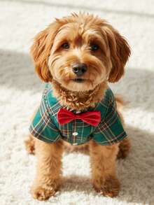 PETSIN 聖誕綠色格紋領結正式寵物襯衫