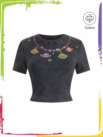 Teletubbies X ROMWE T-shirt casual da donna a maniche corte con scollo rotondo e motivo a cartoni animati, estiva