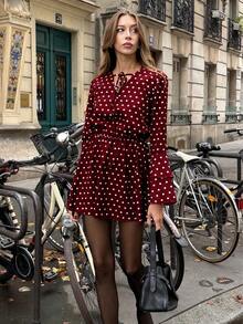 Pariaura Women's Simple Elegant Polka Dot Dress, Autumn Dress - Burgundy - View 4