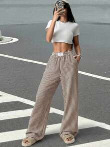 SHEIN EZwear 棕色条纹梭织休闲阔腿裤 - 棕色 - 查看 3