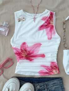 SHEIN 少女碎花无袖圆领背心 - 白色 - 查看 3