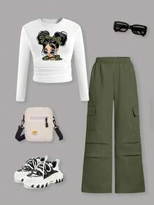 Sparklyn 两件套时尚女童印花上衣和直筒工装裤套装，白色长袖衬衫和裤子，时尚休闲街头风 - 彩色 - 查看 7